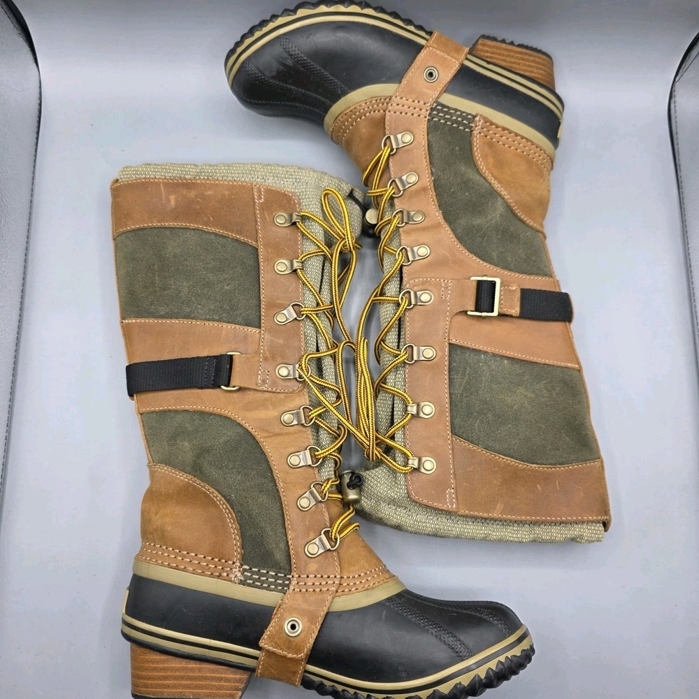 Sorel Conquest Carly II Boots Womens 6.5 Green Tan Tall Waterproof Winter‎ Duck - Picture 7 of 13